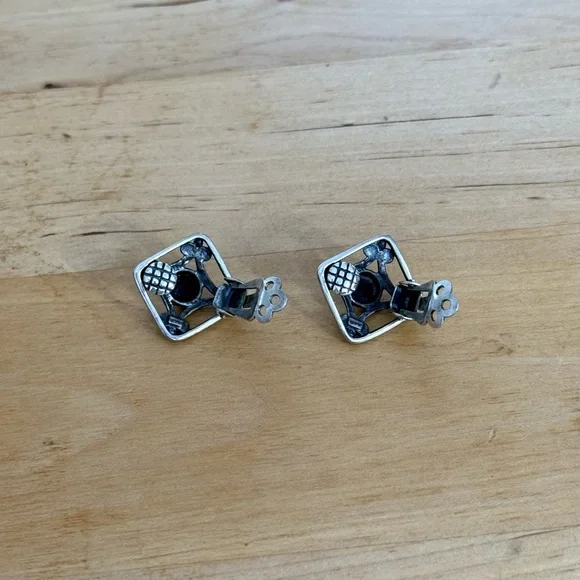 Vintage Diamond Shape Black Onyx Clip On Silver Earrings Rennaisance Victorian - Picture 6 of 8